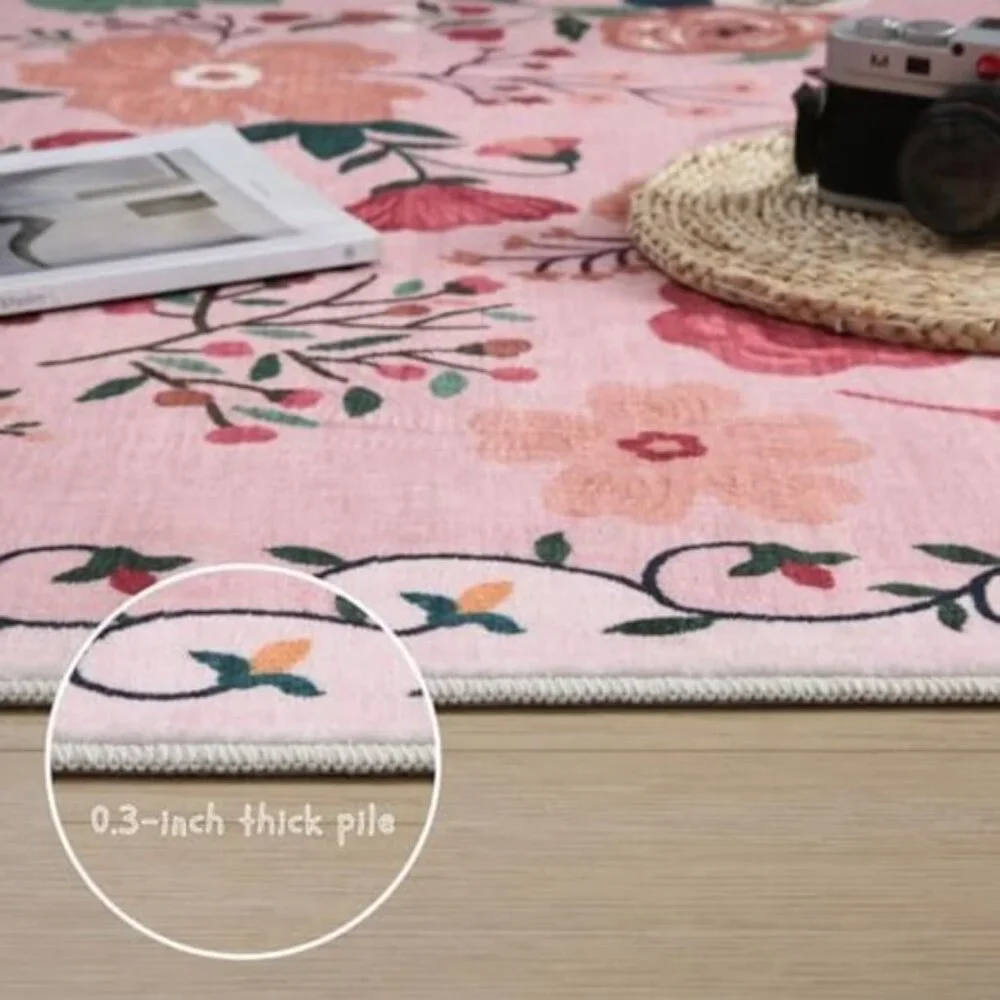 Non Slip 2 x 6 Pink Washable Runner Rugs with Rubber Backing Soft Floral Carpet